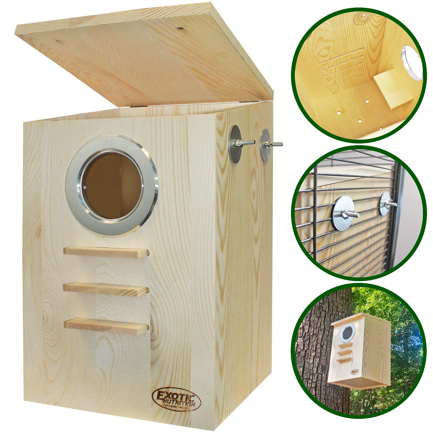 Squirrel Nest Box - Cage Attachment, Hinged Lid, Perching Ledge - for Squirrels, Sugar Glider, Rat, Finch, Parakeet, Lovebird, C